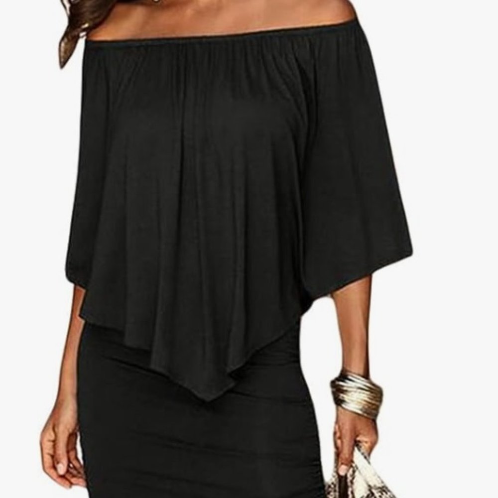 Off Shoulder Flowy Body Con Mini Dress